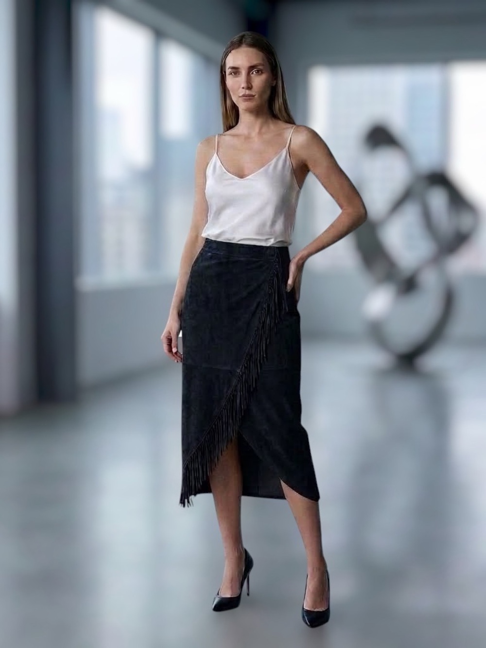 Brandon Thomas Black Suede Asymmetrical Fringe Midi Skirt